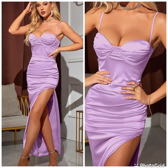 NWT Satin Dress Spaghetti Strap Backless Ruched Bodycon Split Maxi Elegant Dress - Picture 1 of 13